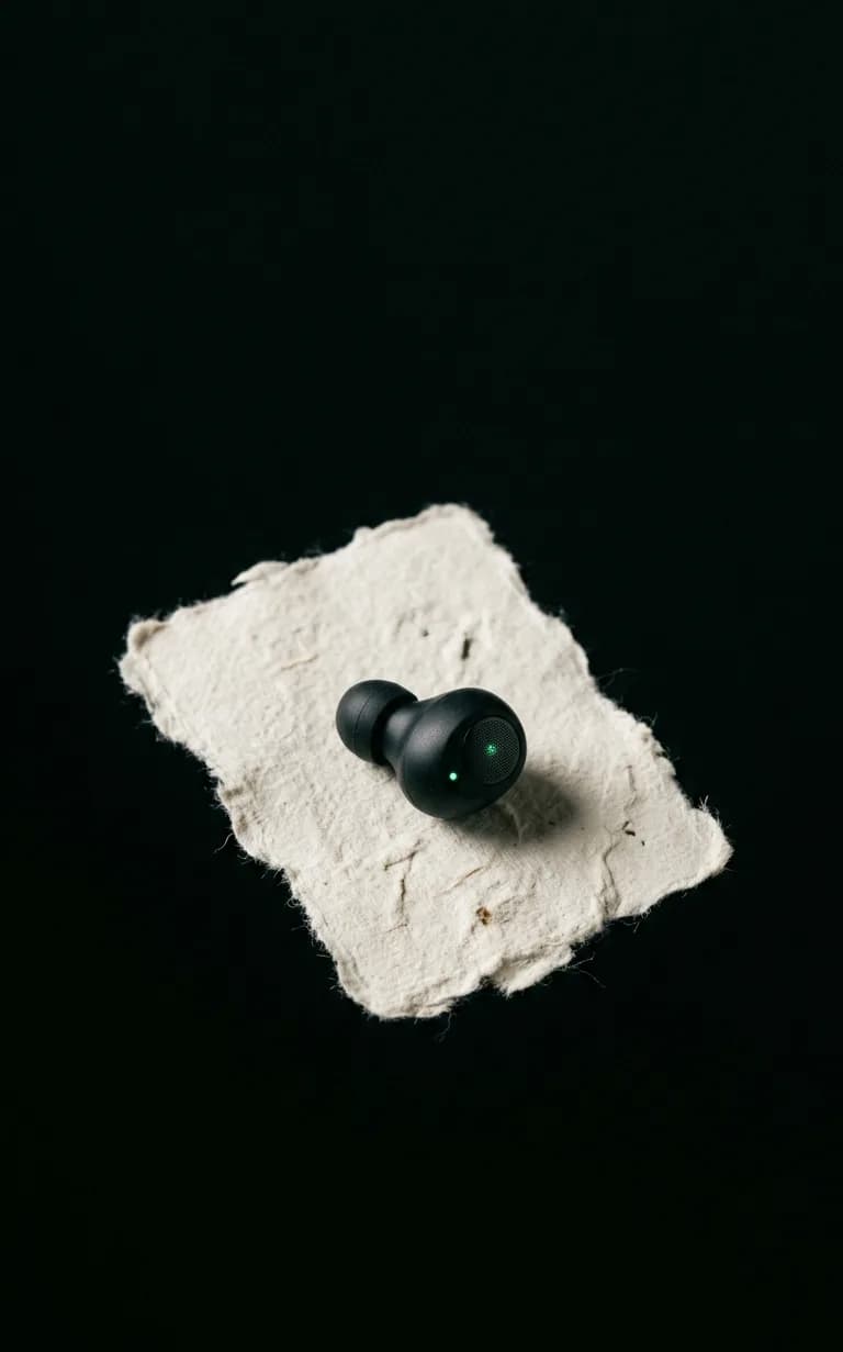 A single earbud alone against black